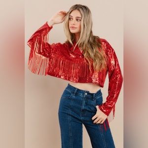 NWT!! RED CROPPED SEQUINS FRINGE FESTIVAL AND CONCERT JACKET